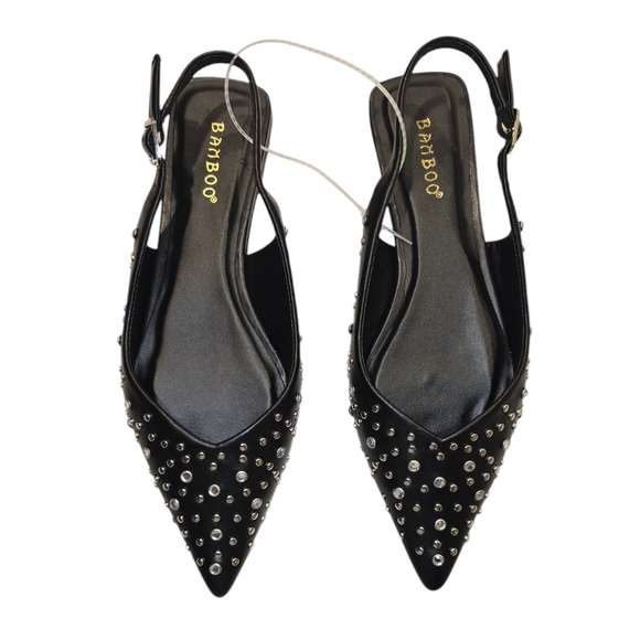 Rhinestone and Silver Studded Slingback Pointed Toe Black Flats - Picture 2 of 8